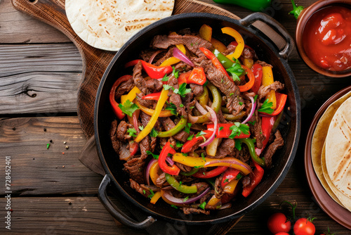 stir fry beef with colored peppers and onion for Mexican fajitas on wooden table
