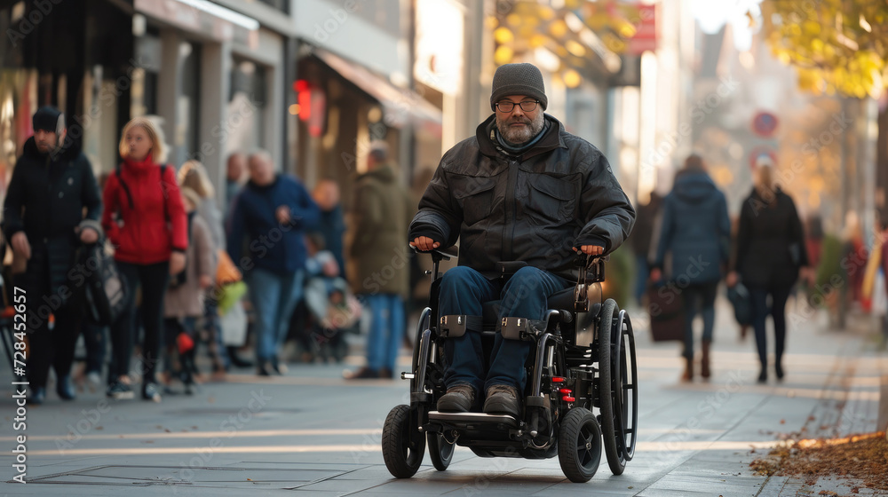 Handicapped or old adult man navigates a sidewalk in an electronic wheelchair, city lights in the backdrop Quality of life and impairment concept.
