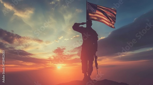 Silhouette of a USA armed forces soldier saluting against the backdrop of a waving national flag during sunset. Reflecting themes of military victory, glory, and fallen remembrance.