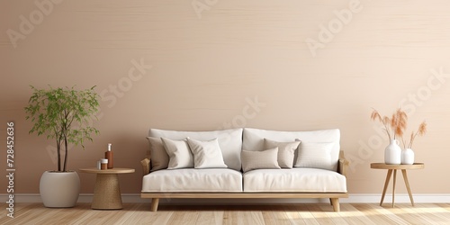 Scandinavian style, with light sofa, wooden floor, side table, and beige walls.