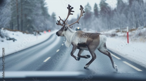 Reindeer suddenly jumps onto the road in front of a moving car