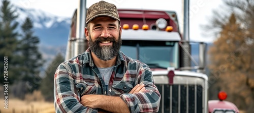 Smiling bearded truck driver standing in front of truck with copy space for text