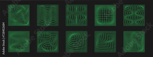 Set of distorted cyber grids. Cyberpunk geometry element y2k style. Isolated green mesh on black background. Vector fashion illustration.