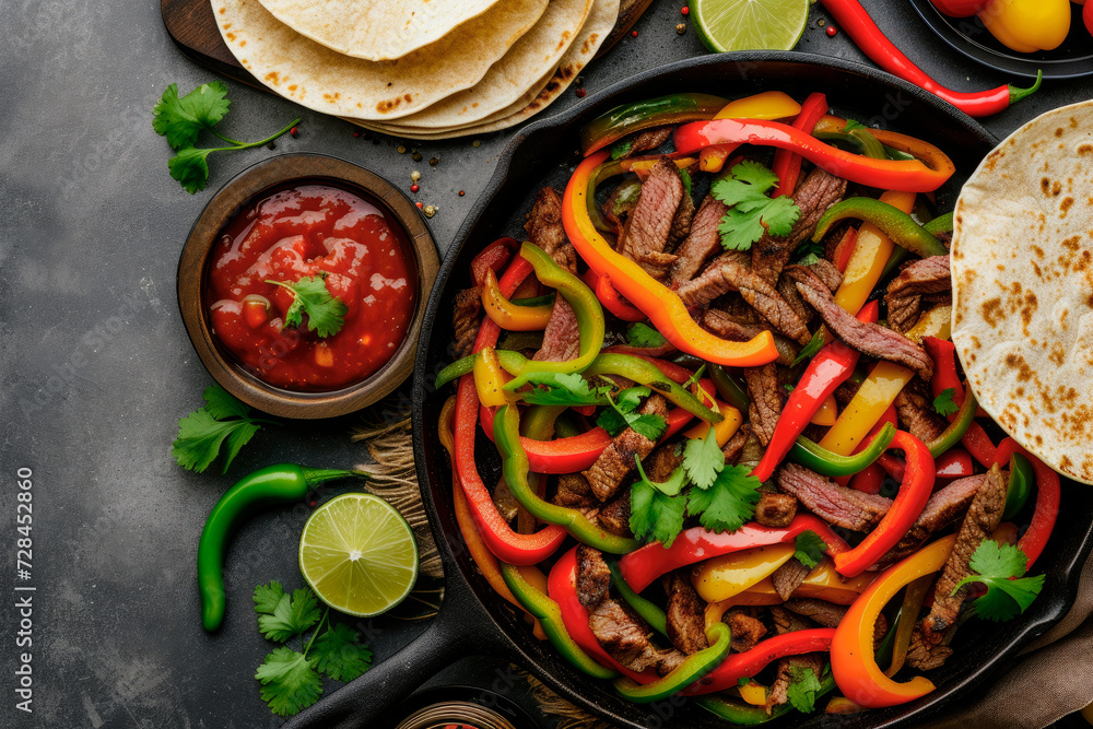 Φωτογραφία stir fry beef with colored peppers and onion for Mexican fajitas on wooden table