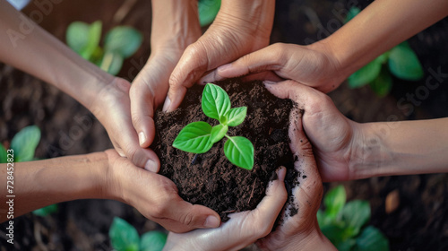 Hands holding young plant with soil on nature background. Earth day concept .