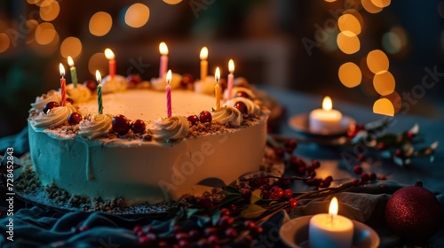 birthday cake with candles party concept  featuring a dynamic composition of the cake against a carefully chosen backdrop  highlighted by festive elements 