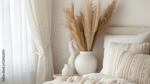 Contemporary cozy beige bedroom interior with bed headboard, linen bedding, and natural decorations
