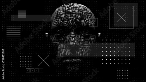 AI. Artificial Intelligence Concept. Abstract Digital Cyberpunk Human Face. Robotics Concept. Science Fiction Cyberpunk Vector Illustration. Anonymous Hacker Face Digital Collage.