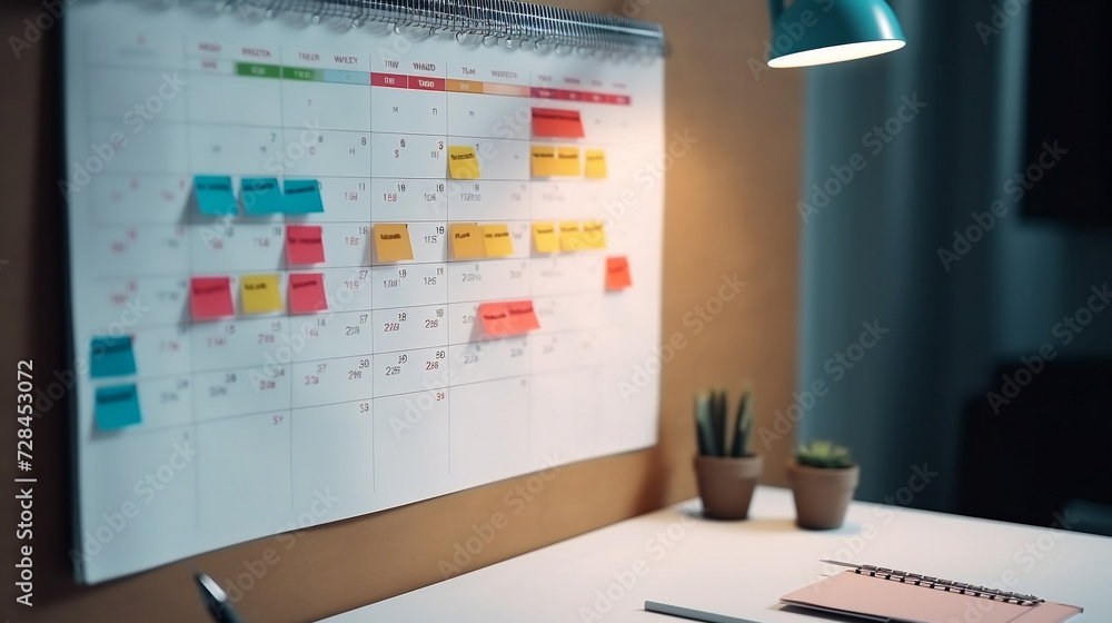 Reminder appointment calendar for organizer agenda time table and event planner organize and schedule activity. Man pointing on calendar or schedule to marking color paper note target date appointing - obrazy, fototapety, plakaty 