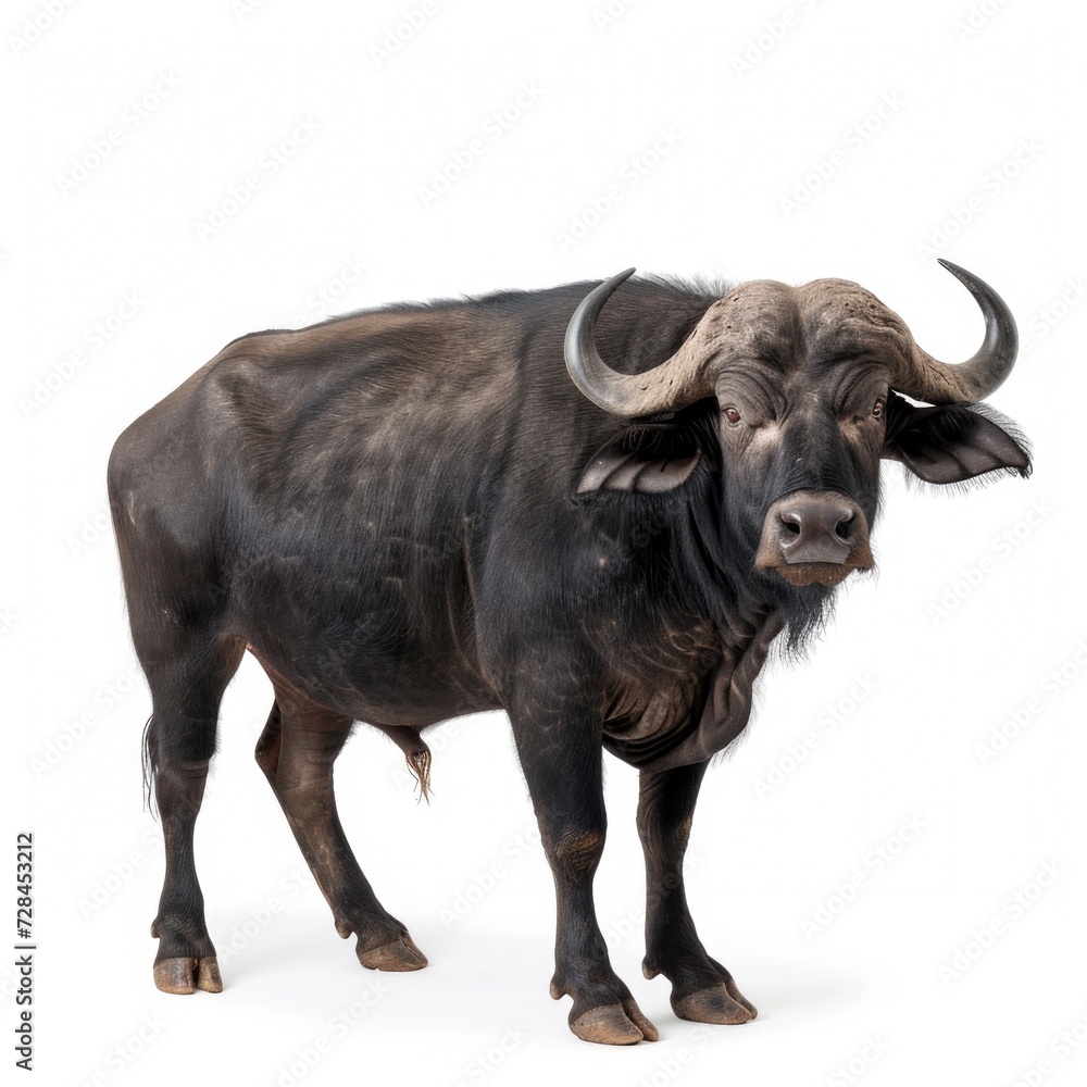 Asian Water Buffalo standing side view isolated on white background, photo realistic. Asian Water Buffalo standing side view isolated on white background, photo realistic.