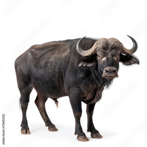 Asian Water Buffalo standing side view isolated on white background, photo realistic.