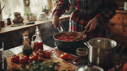 Woman cooking steaming bowl of borscht