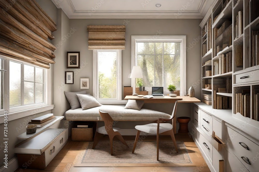 Design a cozy corner in the bedroom with a window seat and a small writing desk Design a cozy corner in the bedroom with a window seat and a small writing desk