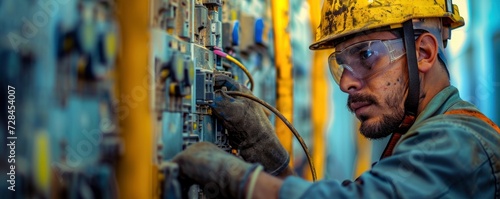 Checking voltage on electrical system. Technician working in an electrical main distribution board with electric cables photo
