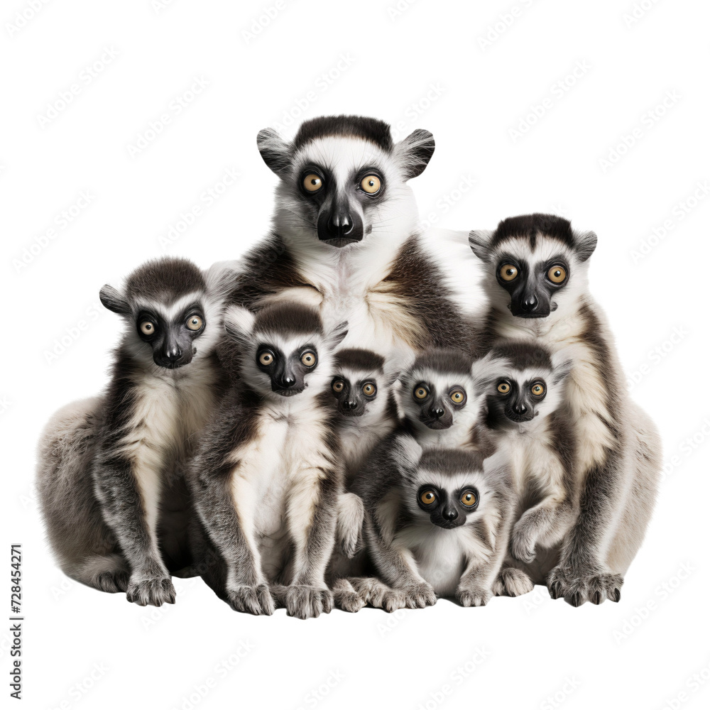 Obraz premium Group of lemur family sitting together, isolated on transparent background