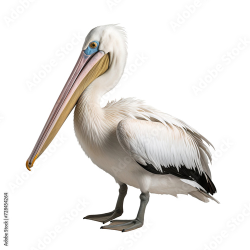 Pelican bird full body standing isolated on white background