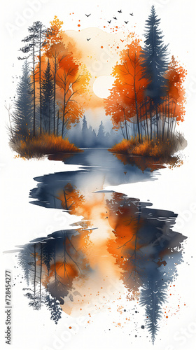 A beautiful fantasy landscape on a white background. Mountains, trees, fog. Watercolor painting. Abstract intricate splashes of paint on a white background. Generative AI.