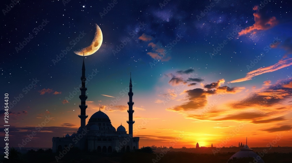 Mosque with sunset sky, moon and start, islamic night