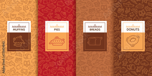 Bakery labels. Bakery pattern. Coffee bread, cookie logo, pastry food cake label frame for confectionery menu, sweet wheat bagel. Flyer design, menu cover. Delicious products. Vector background