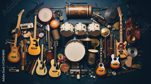Group of musical instruments including a guitar, drum, keyboard, tambourine. Top view