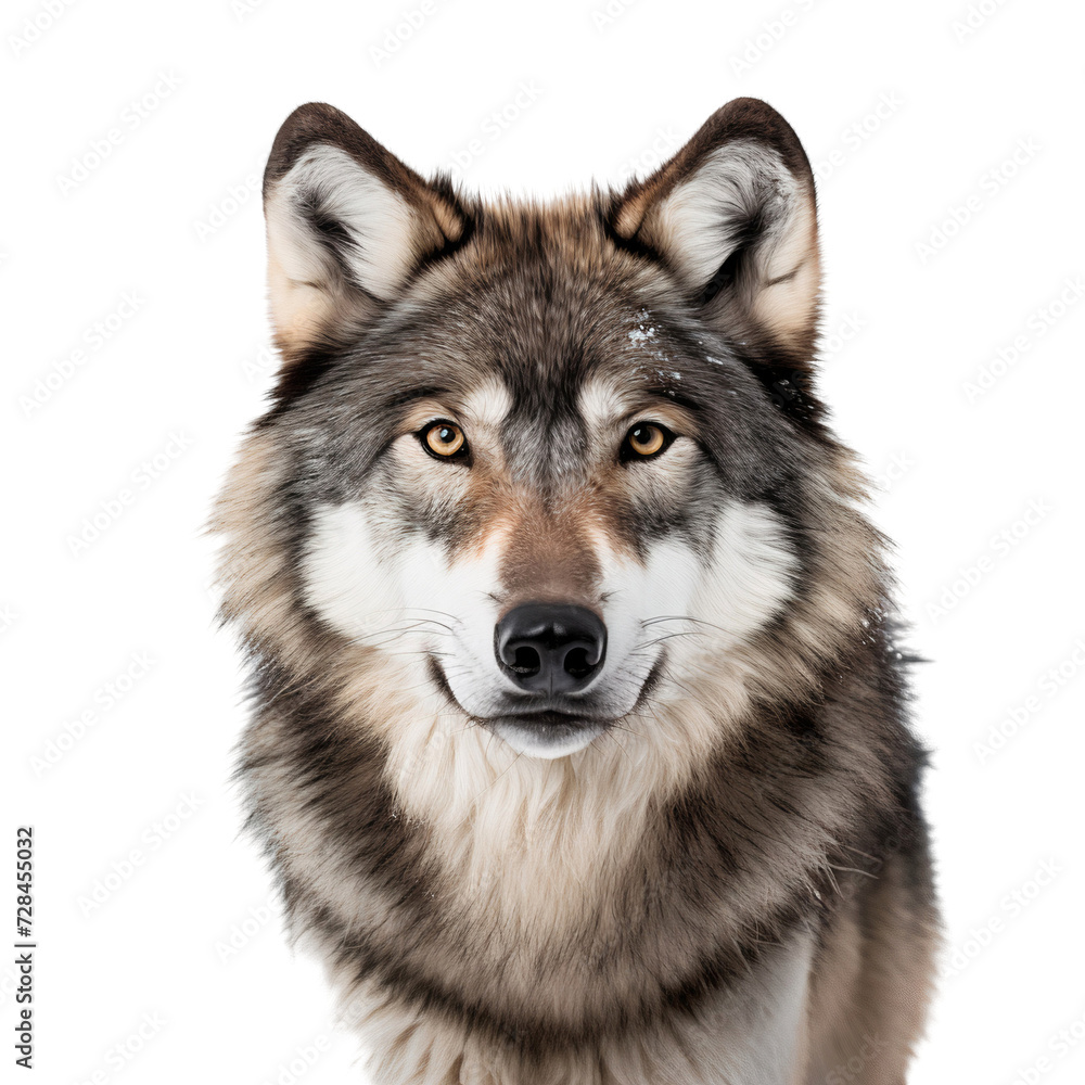 Gray wolf close-up portrait looking in front, isolated on transparent background