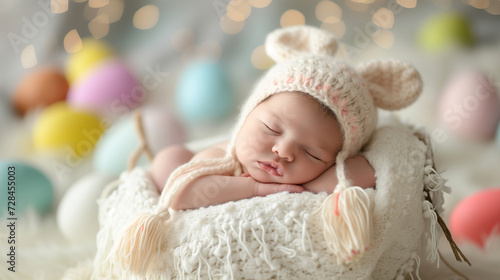 A peaceful newborn baby sleeps in a bunny hat, surrounded by colorful Easter eggs.
