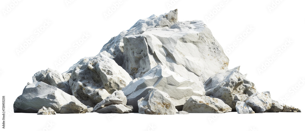 A mountain of rocks isolated on a white background, landscape in the snow