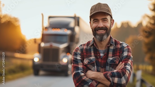 Confident bearded male truck driver with crossed arms smiling at camera in front of his truck