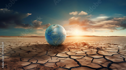 The globe disappears into the cracked barren land as the effects of global warming and extreme climate change. water soil environment concept