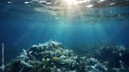 Plastic remains in water polluted ocean underwater marine ecologic concep