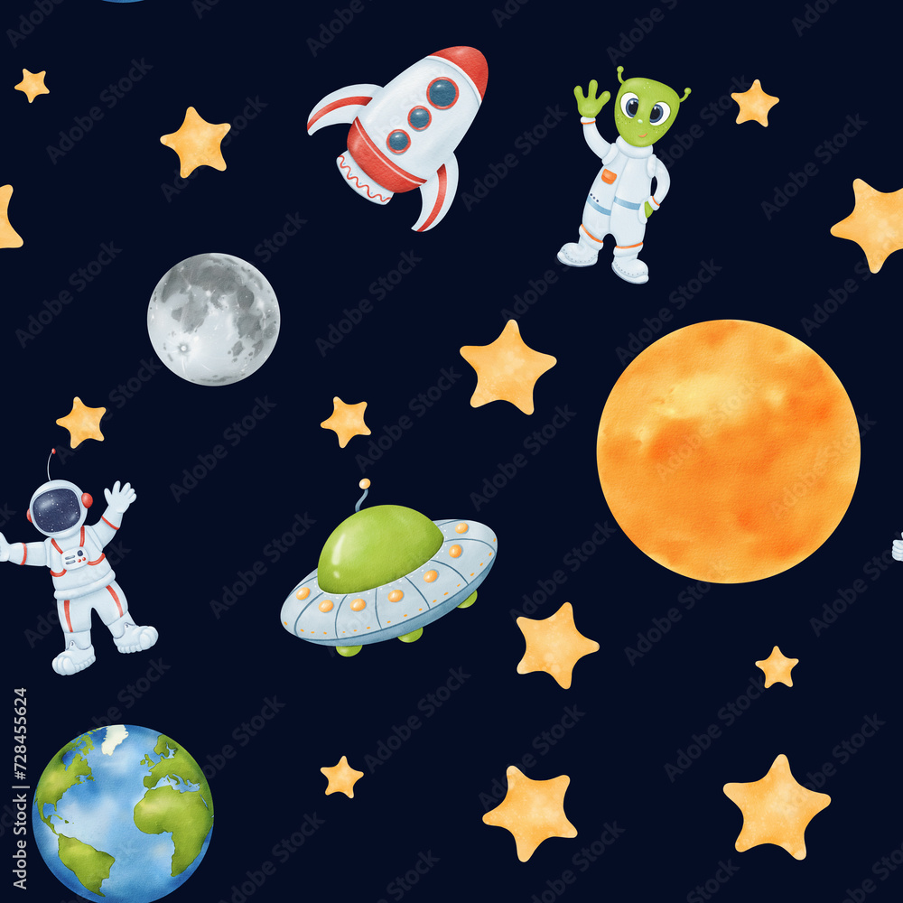 Naklejka premium seamless watercolor pattern. starry sky. yellow stars, Earth, a whimsical astronaut, an alien UFO rocket moon and sun. for wallpapers, children's rooms, textiles, baby clothes. Dark background