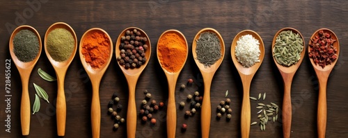 Various spices on wooden spoons, top view