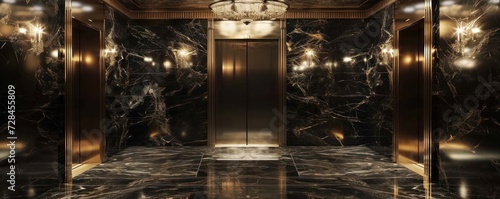 Polished metal elevator doors contrast with the dark, veined marble of an opulent lobby photo