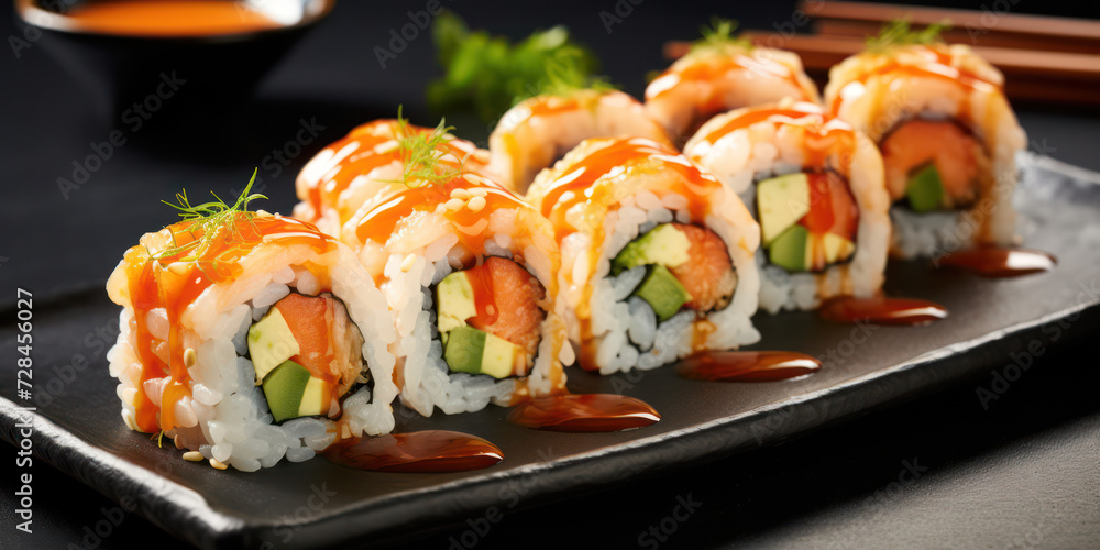 Delicious and Fresh Seafood Sushi Roll - A Gourmet Meal of Healthy Japanese Cuisine on a Traditional Plate with Tasty Asian Flavors. Delicious and Fresh Seafood Sushi Roll - A Gourmet Meal of Healthy Japanese Cuisine on a Traditional Plate with Tasty Asian Flavors.