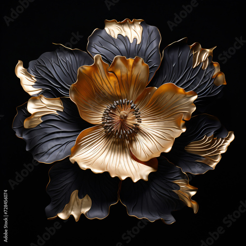 black and gold flower on black, in the style of luxurious, 3d
