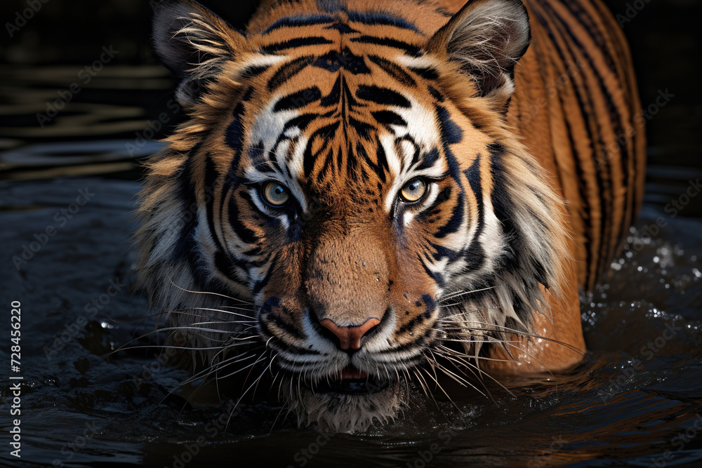Portrait of an adult tiger standing in the water. Generated by artificial intelligence