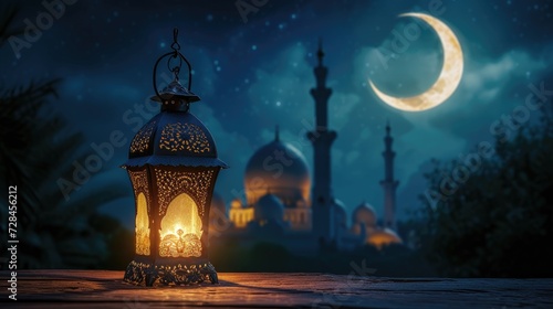 Illuminated Islamic lanterns with a crescent moon over a mosque silhouette. Moroccan lanterns at night. Glittering party garlands. Ramadan kareem, Eid Mubarak. Eastern holiday design