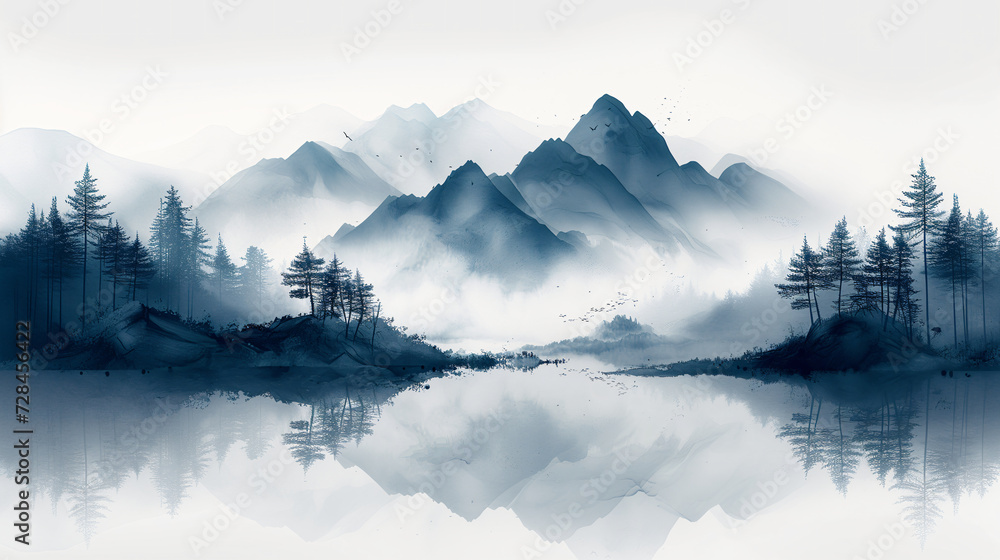 A beautiful fantasy landscape on a white background. Mountains, trees, fog. Watercolor painting. Abstract intricate splashes of paint on a white background. Generative AI.