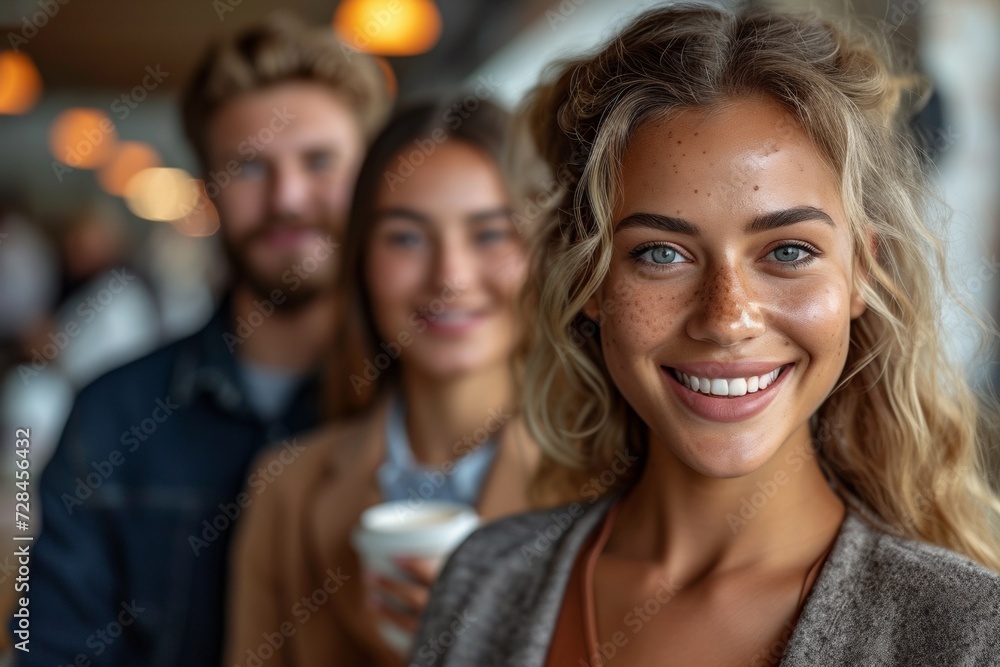A cheerful group of colleagues enjoying a coffee break and conversation in the city. A cheerful group of colleagues enjoying a coffee break and conversation in the city.