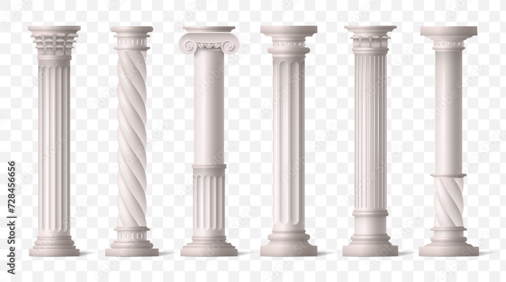 Roman columns. Green ionic pillars from Ancient Greece or Rome architecture temple, white arch frame or pedestal. Classic antique colonnade with carved stone. Architecture elements vector set - obrazy, fototapety, plakaty 