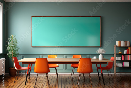 Empty clean blackboard is a table for negotiations in the classroom