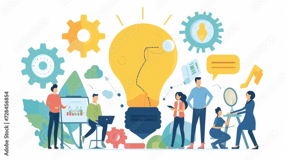 Vector illustration of a group of people characters brainstorming ideas, preparing for a business project startup. Representing the rise of careers to success with flat color icons and business