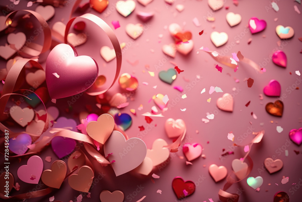 Pink and red hearts and confetti on pink background. For greeting card or banner. Generative AI