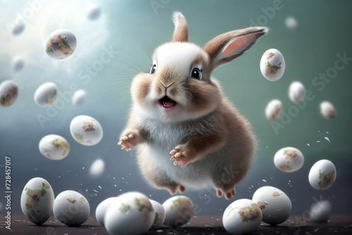 Cute fluffy rabbit happily jumps among the Easter eggs. Symbol of easter festival animal. Generative AI