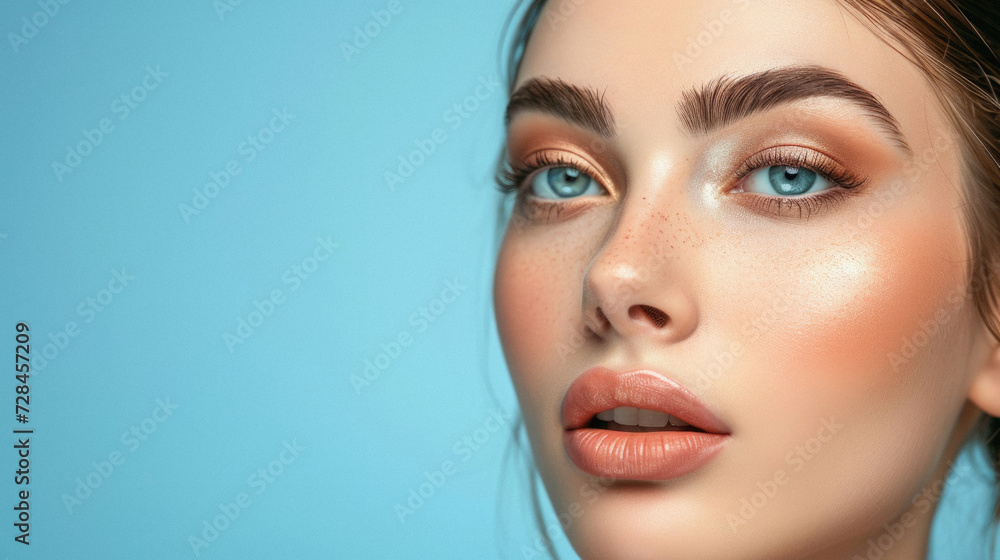 Fototapeta premium Beautiful woman face close up portrait. Perfect skin. Blue background .