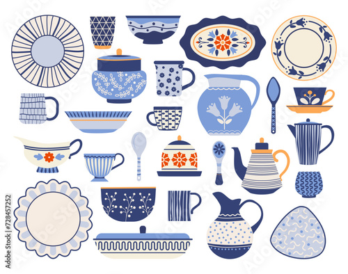 Kitchen ceramic. Dining utensil. Patterned dishes. Porcelain cup or jug. Tableware ornament. Bowl and plate. Household cooking spoon. Teapot and glass mug. Vector cartoon crockery set
