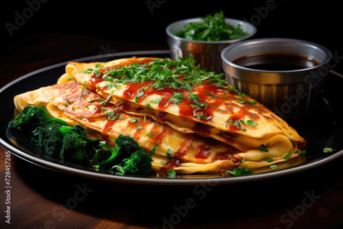 Omelet with herbs and tomato sauce on a plate