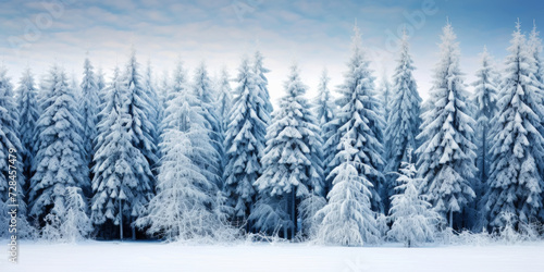 Wide background landscape with rows of pine trees covered in snow. Generative AI