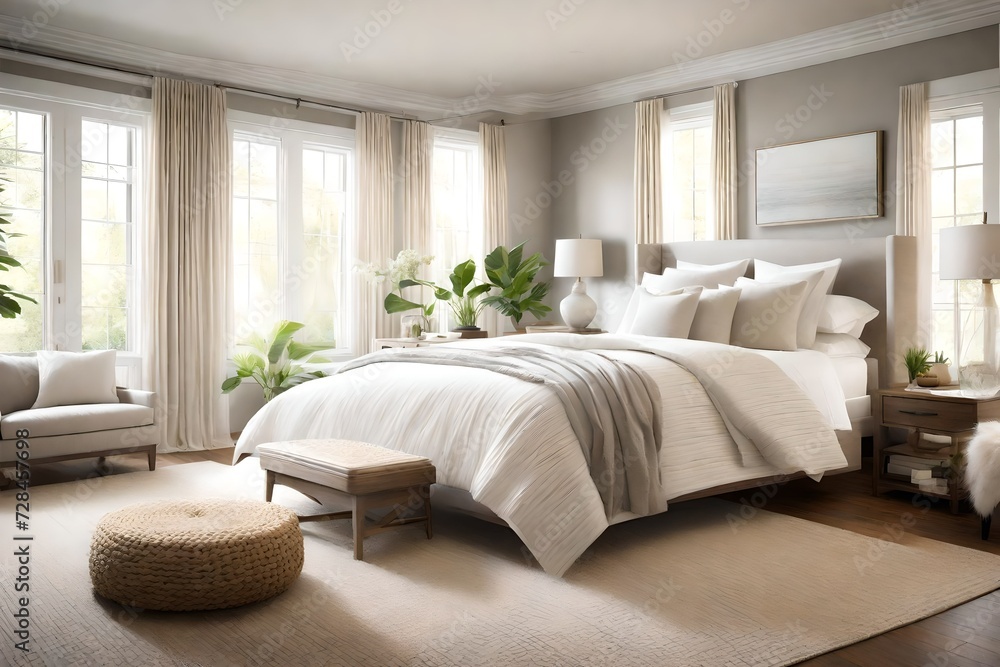 Fototapeta premium Design a calming bedroom retreat with a neutral color palette and soft, textured bedding 