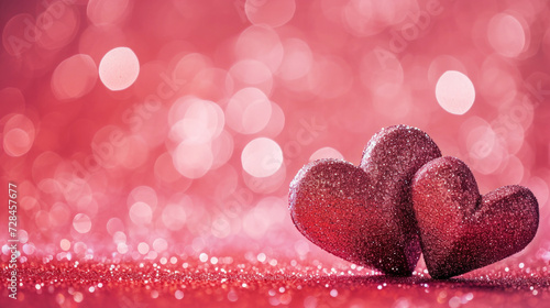 Two sparkling glitter hearts on blurred pink background. Valentine's day. Copy space. Romantic concept. Generative AI.